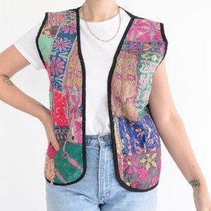 Handmade Teal, Pink Floral Open Face Vest